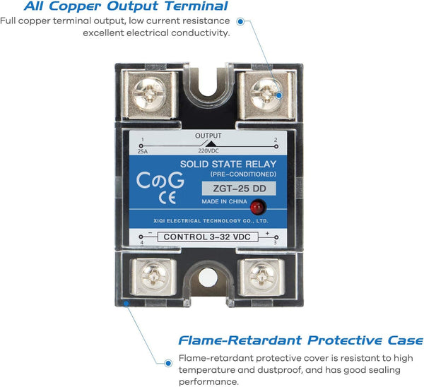 CG Solid State Relay SSR-25DD DC to DC Input 3-32VDC To Output 5-240VDC 25A Single Phase Plastic Cover DC to DC 25A