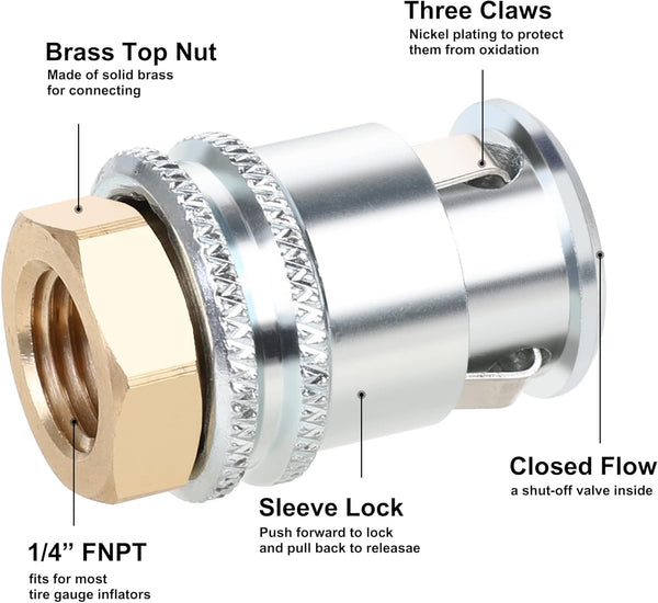 Hromee Lock on Air Chuck, Heavy Duty Closed Flow Tire Chuck, 1/4" FNPT for Tire Inflator and Standard Bore Valve Stem Quick Connector