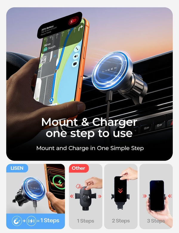 LISEN 15W MagSafe Car Mount Charger, Magnetic Phone Holders for Your Car Black Gray 1 Count