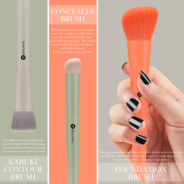 KINGMAS 3Pcs Foundation Brush Contour Concealer Brush Set, Under Eye & Blusher Brush Face Kabuki Makeup Brushes