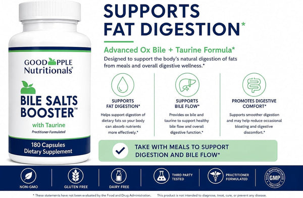 GoodApple Bile Salts Booster | Ox Bile + Taurine | Supports Fat Digestion & Healthy Bile Flow | Gallbladder Support | 180 Capsules*