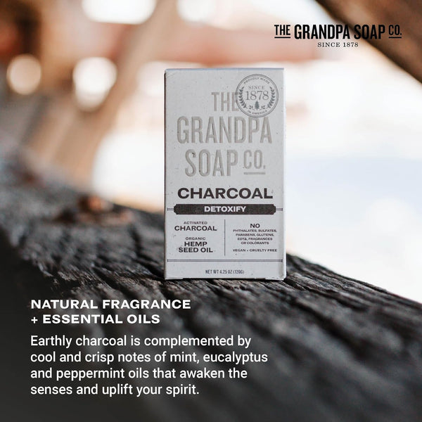 The Grandpa Soap Company Charcoal Bar Soap - With Activated Charcoal Hemp Seed and Mint Oil, Detoxifies, Draws Out Dirt and Toxins, Clear