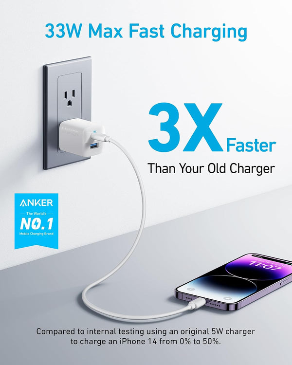 Anker 33W 2-Port Compact USB Charger Block, Foldable Type C Charger | Dual-Port for iPhone 17/16 Series, Galaxy, and More, Travel-Friendly
