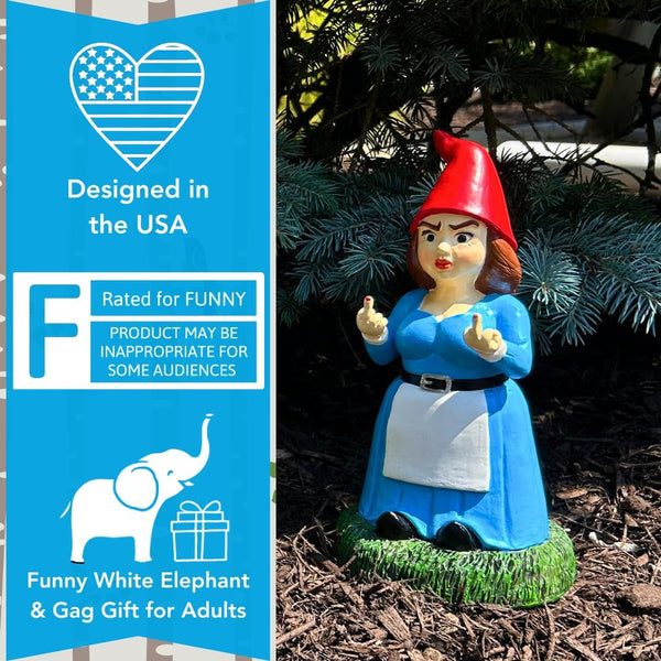 Gnometastic Lady Middle Finger Gnome 8.5in, Naughty, Funny Garden Gnomes Statue Outdoor Decorations for Yard, Lawn Ornament, Home Decor,