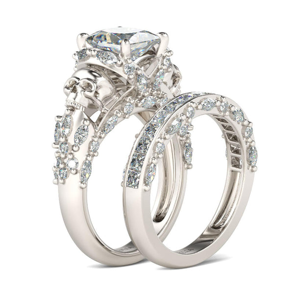 Jeulia Skull Engagement Ring Sets Sterling Silver Promise Eternity Band Rings Diamond Princess Cut with Cubic Zirconia Wedding Engagement