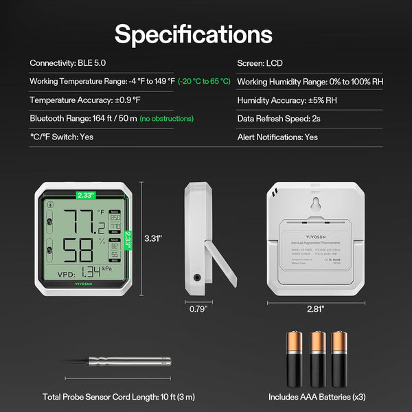 VIVOSUN Digital Hygrometer Thermometer, Humidity Meter with Probe, App Thermometer with External Probe