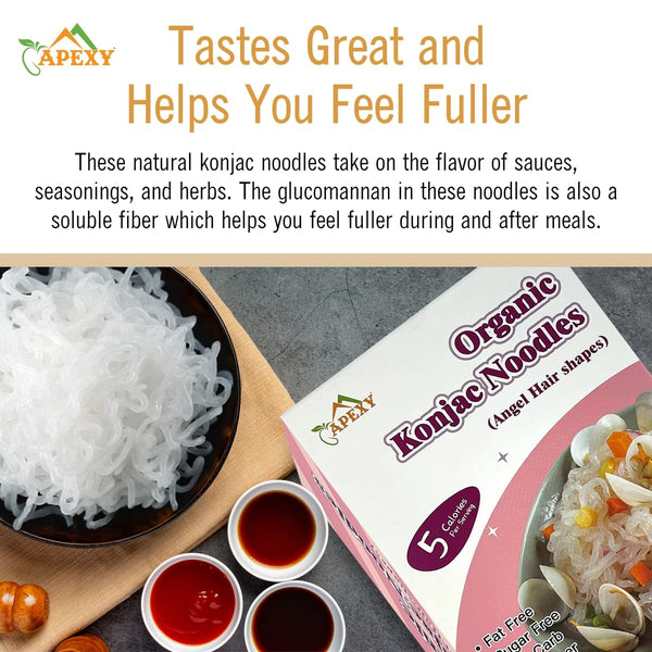 Apexy Organic Shirataki Konjac Noodle 8 Pouches Total 42.24oz. Low Calorie, Low-Carb Gluten Free, Vegan, Keto and Paleo-Friendly. (Angel Hair
