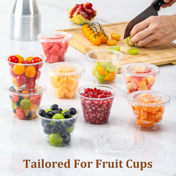 AOZITA [50 Sets, 9 oz Clear Plastic Cups With Flat Lids No Hole, Disposable Cups With Lids for Ice Cream, Pudding, Cake, Snacks Smoothie,