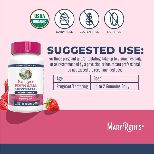 Maryruth Organics Prenatal Vitamins for Women | USDA Organic Prenatal Gummies | Postnatal Vitamins for Women Breastfeeding | Methylfolate 800 Mcg