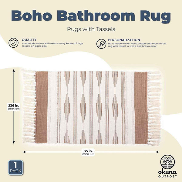 Okuna Outpost Bathroom Rugs - Bohemian Bath Rug with Tassels & Low Pile - Washable Cotton Bath Mat & Shower Rug - Bohemian Decor - 23.6 x 35