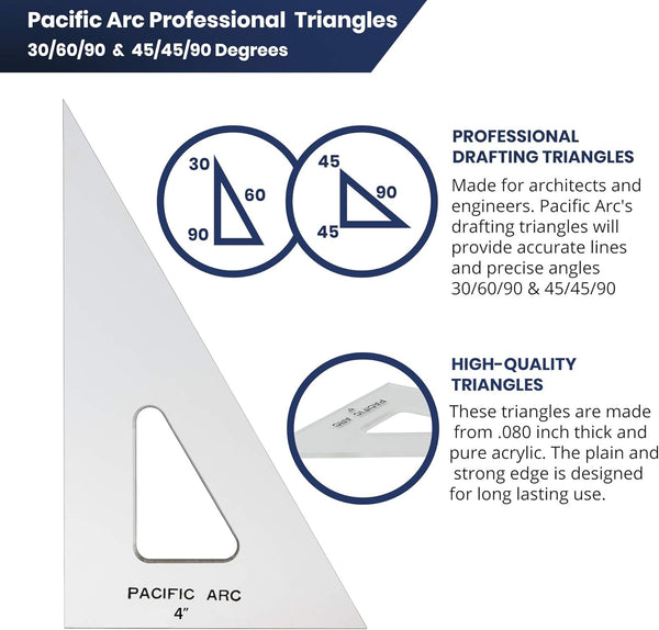 Pacific Arc Drafting Triangle, 8-inch, 30/60/90 Degrees, Clear Acrylic, Plain Edge Clear 8-in, 30/60/90 degrees