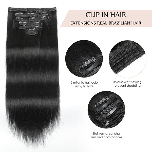 Sisily Clip in Hair Extensions Real Human Hair, 14 Inch 130G, Jet Black, 100% Brazilian Remy Human Hair Clip in Extensions Soft Straight 7Pcs per