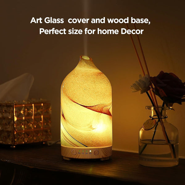 Essential Oil Diffuser Hand Blown Glass Aromatherapy Diffuser - Ultrasonic Cool Mist Scent Aroma Diffuser, Whisper Quiet with Auto Shut-Off, Timer