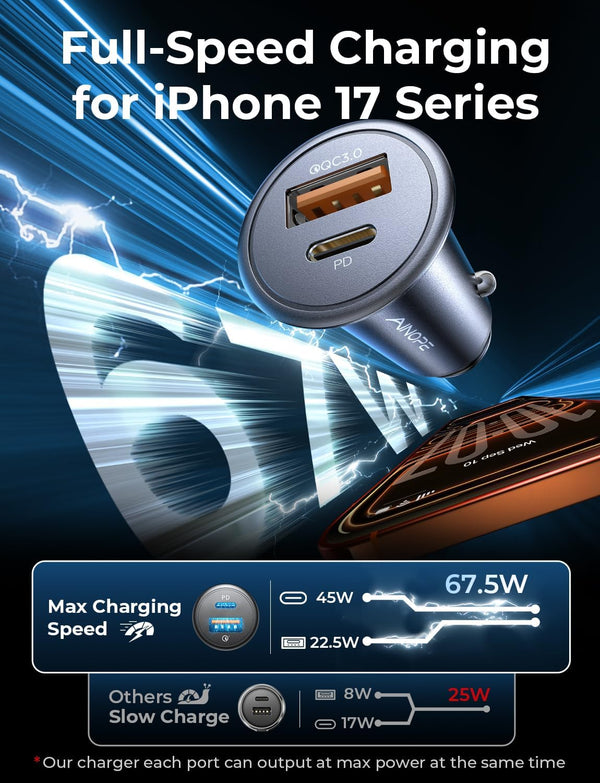 AINOPE 67.5W Cigarette Lighter Adapter Car Charger USB C Fast Charging | [Mini & Metal] PD&QC Cigarette Lighter USB Charger 12V Outlet Plug Socket