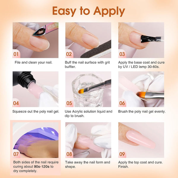 ROSALIND Poly Nail Gel Kit -14 Colors +72 Nail Art Accessories kit Clear Nude Poly Nails Gel Kit Starter Kit with Mini UV Lamp Slip Solution Basic