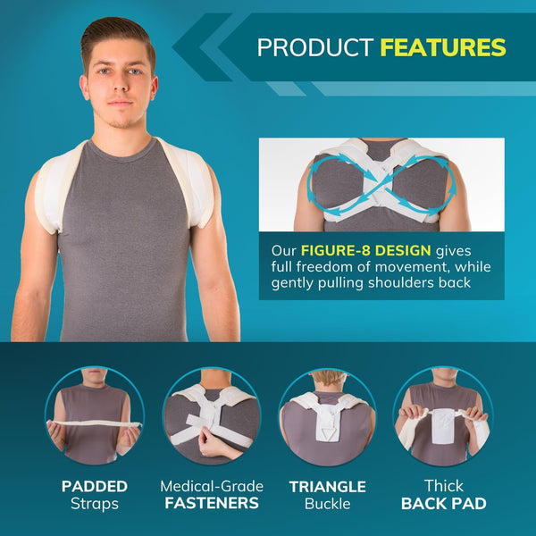 BraceAbility Clavicle Support Brace - Figure 8 Upper Back Brace Posture Corrector for Women and Men, Shoulder Straightener, Kyphosis Relief, Sling