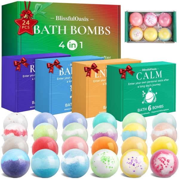 BlissfulOasis Bath Bombs Set, 24 Pcs Shower Bombs with 6 Refreshing Scents, Perfect for Moisturizing & Relaxing, Ideal for Birthday, Mother's Day,