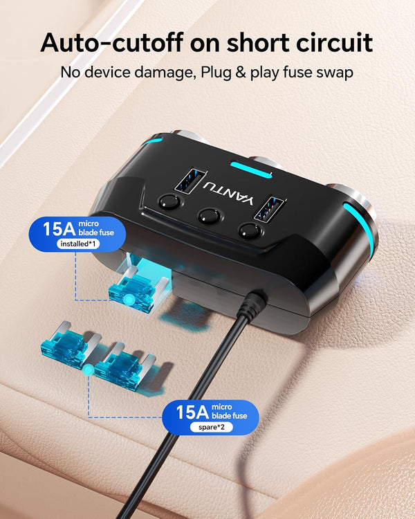 YANTU Cigarette Lighter Adapter & Splitter,150W 3-Sockets & LED Ambient Lighting, Dual USB Fast Charging Car Outlet 12V, Car Cigarette Lighter