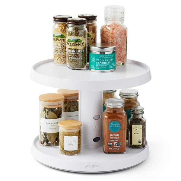 YouCopia Crazy Susan Two-Tier Turntable, Height-Adjustable Lazy Susan Organizer for Kitchen Cabinet and Pantry Organization and Storage, White Two