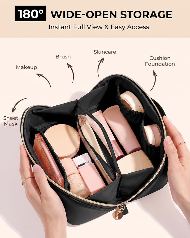 Prite Makeup Bag Travel Toiletry Bag Open Flat Cosmetic Organizer for Women Blac