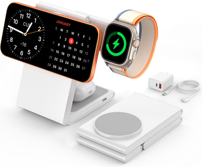 Wireless Charging Station with 20W USB C Adapter, 3 in 1 Magnetic Foldable Travel Charger Stand for Iphone 16 15 14 13 1