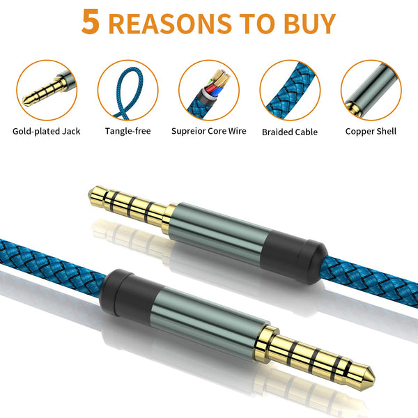 MCSPER 2 Pack TRRS 3.5mm Audio Cable, 5Ft 4-Conductor (4 Pole) with Mic[Microphone Compatible] Nylon Braided Aux Cord Compatible Car Home