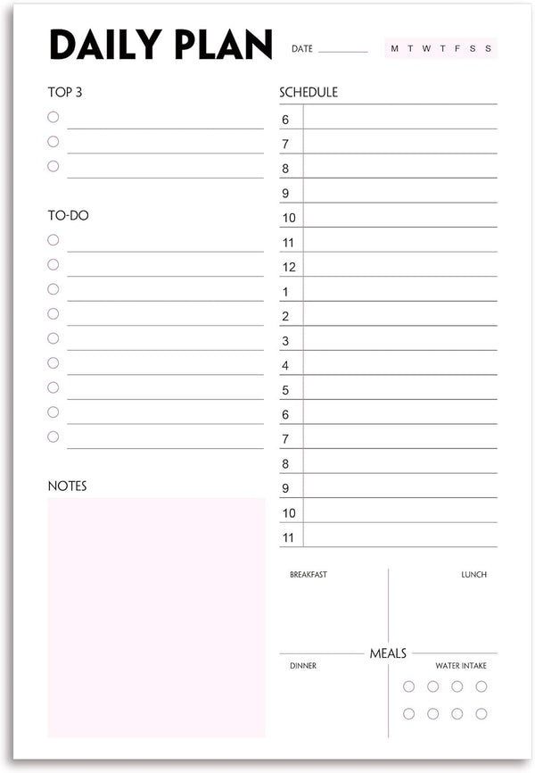 Daily Planner Notepad - A5 Calendar, Scheduler, Organizer with Priority, to Do List, Appointments, Notes, Meals and Water Intake Tracker, 50
