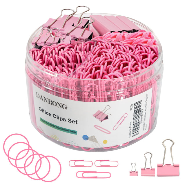 Pink Binder Clips Paper Clips,380 PCS Assorted Sizes Paperclips Paper Clamps Rub