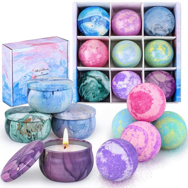 Bath Bombs Gift Set - 5 Large Fizzy Spa Bombs with 4 Scented Candles for Women - Moisturizing Bubble Bath with Essential Oils for Valentine's,