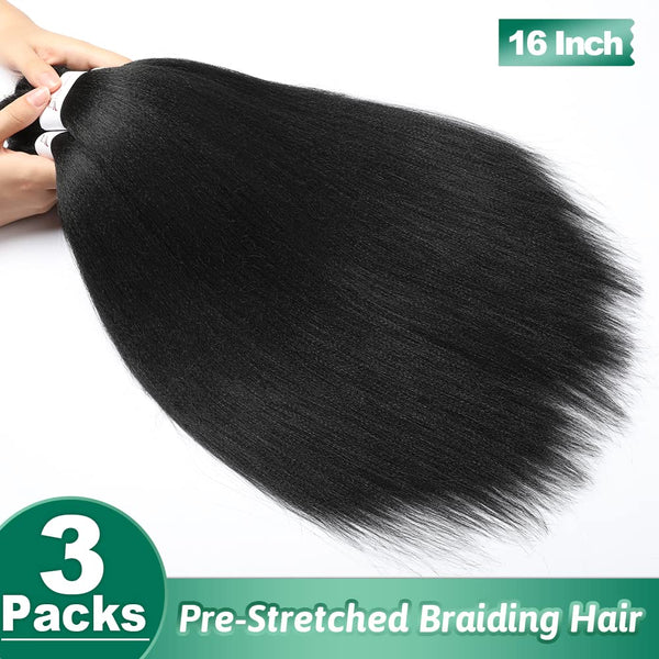 Braiding Hair 16 Inch Pre stretched Braiding Hair Extensions Yaki Hot Water Synthetic Hair(16nch,3Packs Natural black) 1B# 16 Inch(Pack of 3)