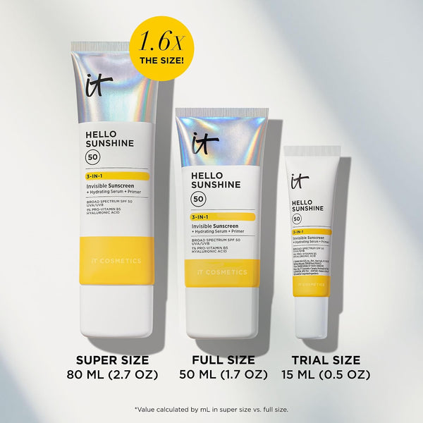 IT Cosmetics Hello Sunshine Hydrating Sunscreen SPF 50 (1.69 fl oz) | 3-in-1 Daily Face Sunscreen + Hydrating Serum + Makeup Primer - No White