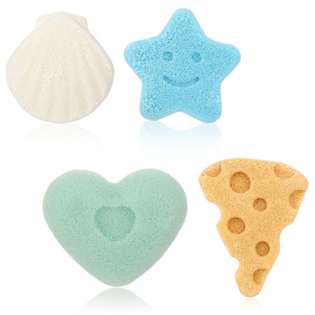 4 Pcs Bath Sponges, Natural Soft Cute Shapes Safe Foam Loofah Plant-Based Lots of Lather Stars Cheese Shape Heart Large 