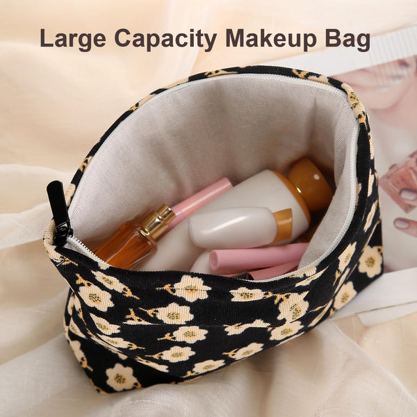 Cosmetic bag Makeup bag Preppy Cute Corduroy Toiletry bag for women travel essentials (Flower black)