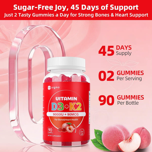 D3 K2 Vitamin 9000 IU Supplement Gummies for Women Adult Muscle Teeth Immune Support Sugar Free 90 Counts, Peach Flavor