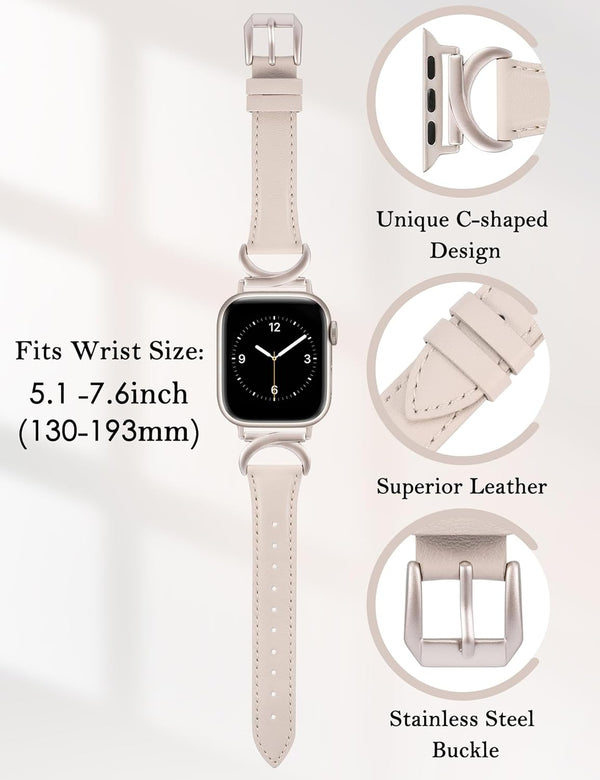Minyee Leather Bands Compatible with Apple Watch Band 38/40/41/42/44/45/46/49mm Women, Slim Thin Dressy Designer Strap with C-Shape Metal Buckle