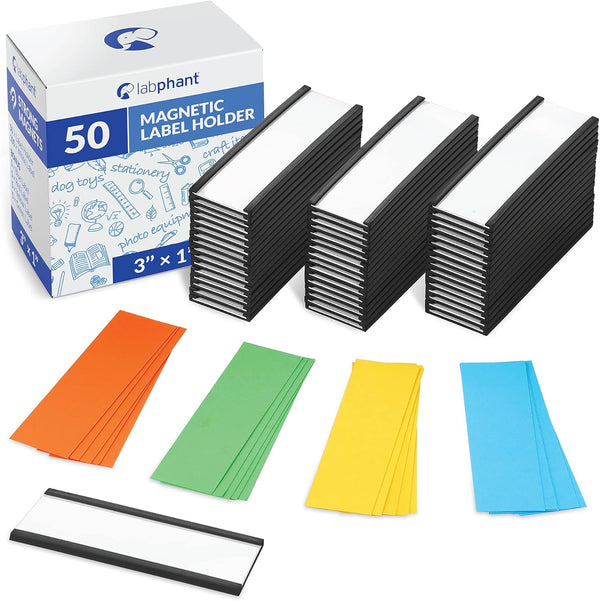 50 Pack "C" Channel Magnetic Label Holders 1X3 with 100 White Card Inserts, 50 Clear Plastic Protectors and Bonus 20 Colorful Cardstock Inserts in