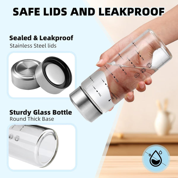 Glass Juice Bottles 4 Pack 16 Oz - Wide Mouth Glass Water Bottles with Lids - Borosilicate,Stainless Steel Lids for Juicing, Smoothies, Infused