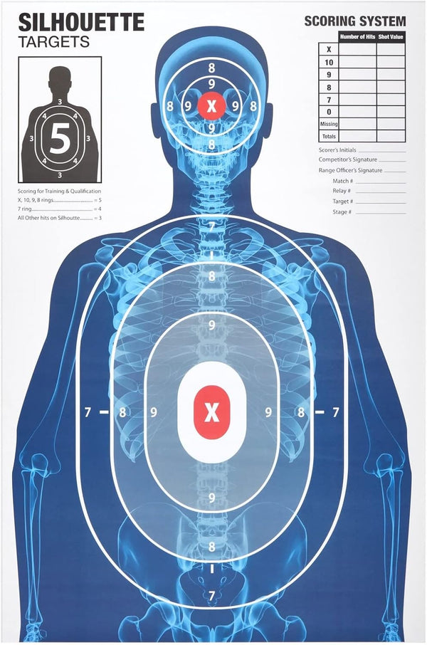 Paper Targets for Shooting Range - 25 x 38 in, 50 Pack, 2 Human Silhouette Designs - Realistic X-Ray Skeleton Anatomy with Red Scoring Marks -
