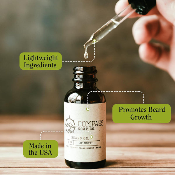 Compass Soap's 41° North - Natural Beard Oil for Men | Beard Oil for Nourishment and Hydration | Infused with Bergamot, Juniper Berry & Patchouli
