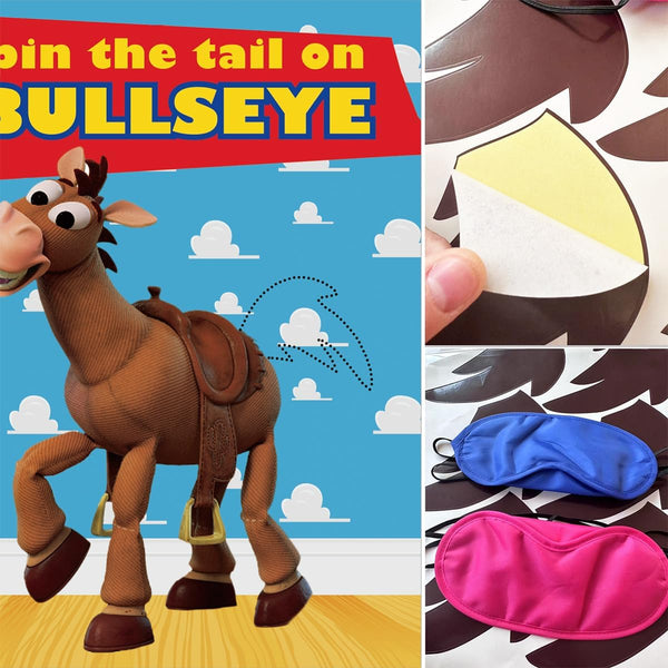 OULUN Toy Inspired Stories Party Supplies, Pin the Tail on the Bullseye Party Game, Large Poster 24PCS Reusable Tail Stickers for Kids Boys