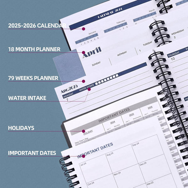 Utytrees Planner 2025-2026 - 18 Months, Black PP Cover-2025.1, 5.2" X 7.5" - Daily, Weekly & Monthly Planner with Water Intake Checklist