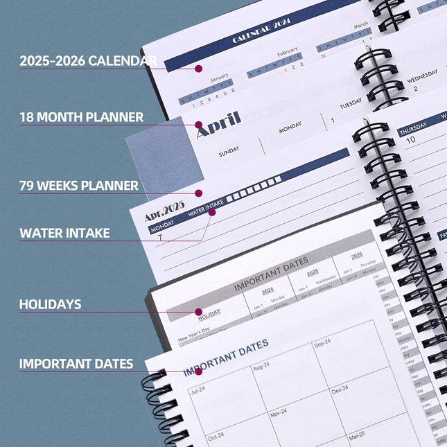 Utytrees Planner 2025-2026 - 18 Months, Black PP Cover-2025.1, 5.2" X 7.5" - Daily, Weekly & Monthly Planner with Water 