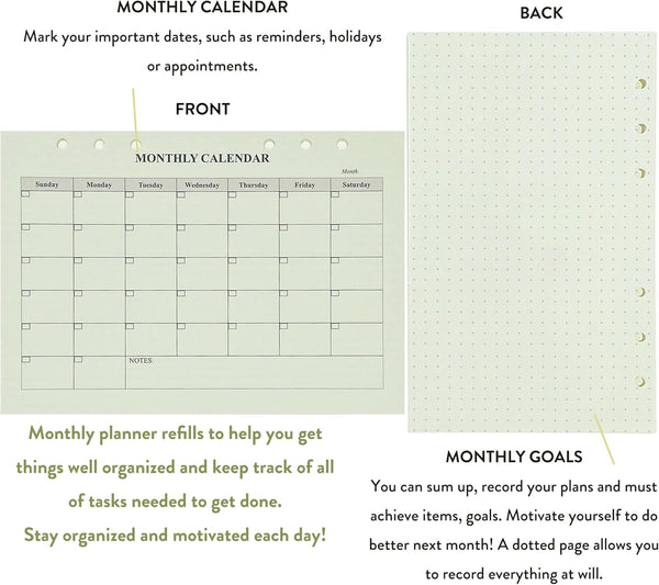 90+54+14 A5 Refill Paper with Undated Monthly Weekly Calendar Planner Inserts, 6 Ring Loose Leaf Lined Filler Paper Refillable for Binder Planner