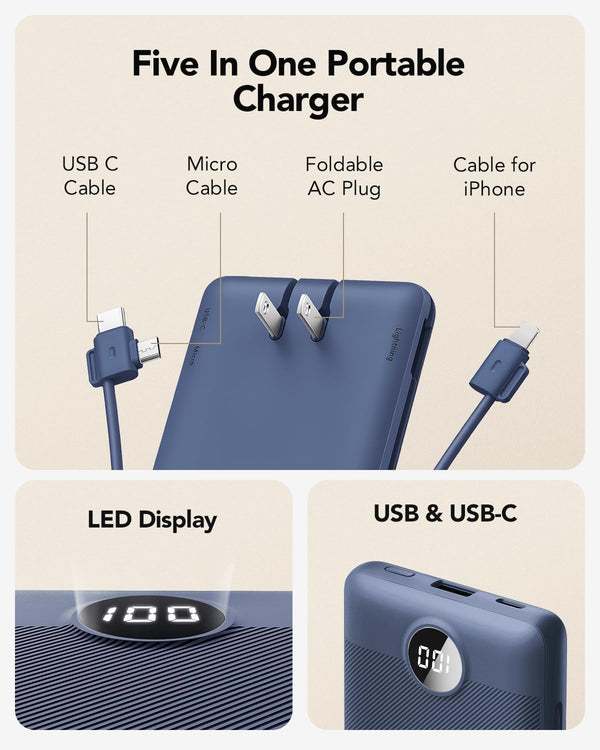 VRURC Portable Charger Built-In Cables and AC Wall Plug, USB C Power Bank 10000Mah, Travel Essentials Phone Charger Compact Lightweight External