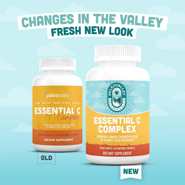 Paleovalley Essential C Complex - Vitamin C Supplement for Immune Support - 1 Pack, 450Mg - Organic Superfoods Unripe Acerola Cherry, Camu Camu,