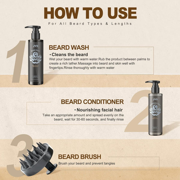 JVR Beard Wash and Beard Conditioner for Men, Beard Shampoo Cleanse and Reduces Frizz, Soften & Strengthens, Organic with Coconut, Aloe, Provides