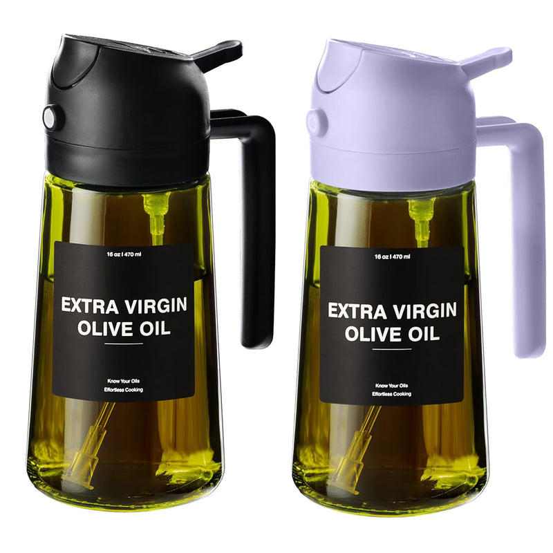 CXINYI - 16Oz/470Ml Olive Oil Dispenser for Kitchen with Stickers - 2 in 1 Olive Oil Sprayer for Cooking, Air Fryer, and Salad, Black&Purple