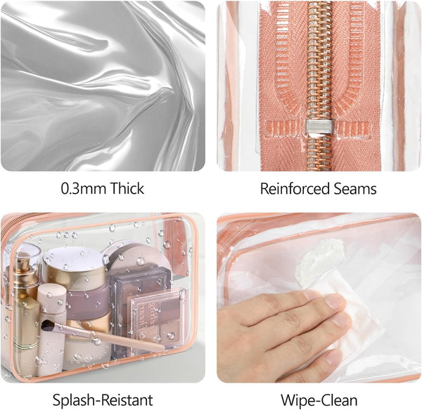 PACKISM TSA Approved Toiletry Bag - Clear Makeup Bag for Travel, Rose Pink Active Rose Pink Medium Set