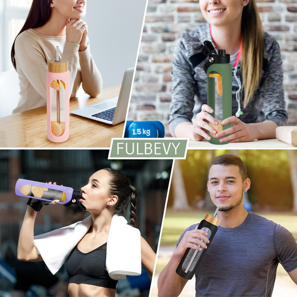 FULBEVY 32 oz Glass Water Bottles - 1 Liter Motivational Tumbler Water Bottle Time Marker - Borosilicate Glass Water Bottle With Silicone Sleeve