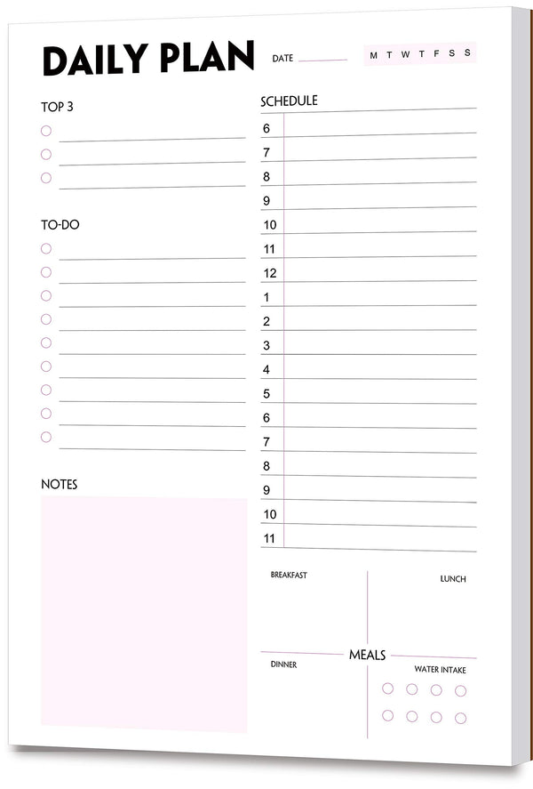 Daily Planner Notepad - A5 Calendar, Scheduler, Organizer with Priority, to Do List, Appointments, Notes, Meals and Water Intake Tracker, 50